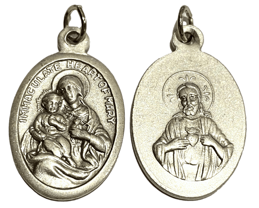 Medal Immaculate Heart of Mary Sacred Heart Italian Double-Sided Silver Oxidized Metal Alloy 1 inch - Ysleta Mission Gift Shop- VOTED El Paso's Best Gift Shop