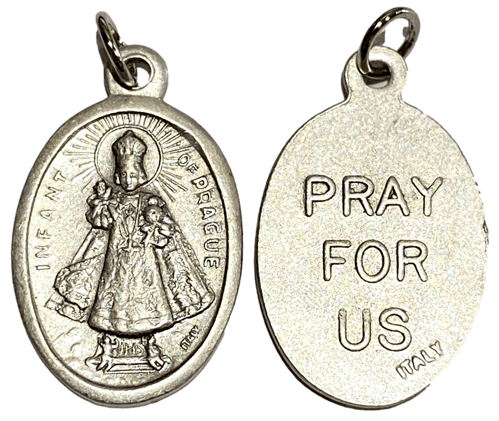 Medal Infant of Prague Pray For Us Italian Double-Sided Silver Oxidized Metal Alloy 1 inch - Ysleta Mission Gift Shop- VOTED El Paso's Best Gift Shop