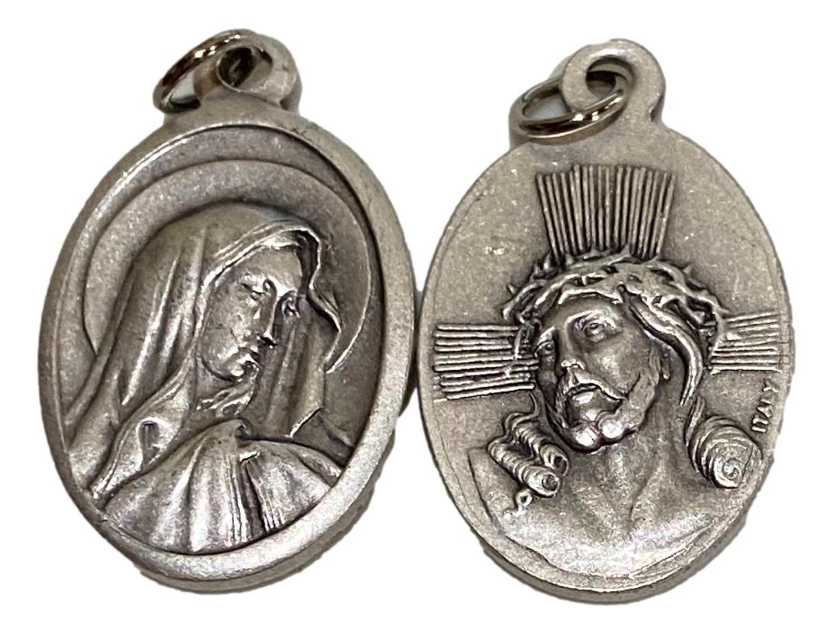 Medal Jesus Crown Of Thorns And Mother Mary Italian Double-Sided Silver Oxidized Metal Alloy 1 inch - Ysleta Mission Gift Shop- VOTED El Paso's Best Gift Shop