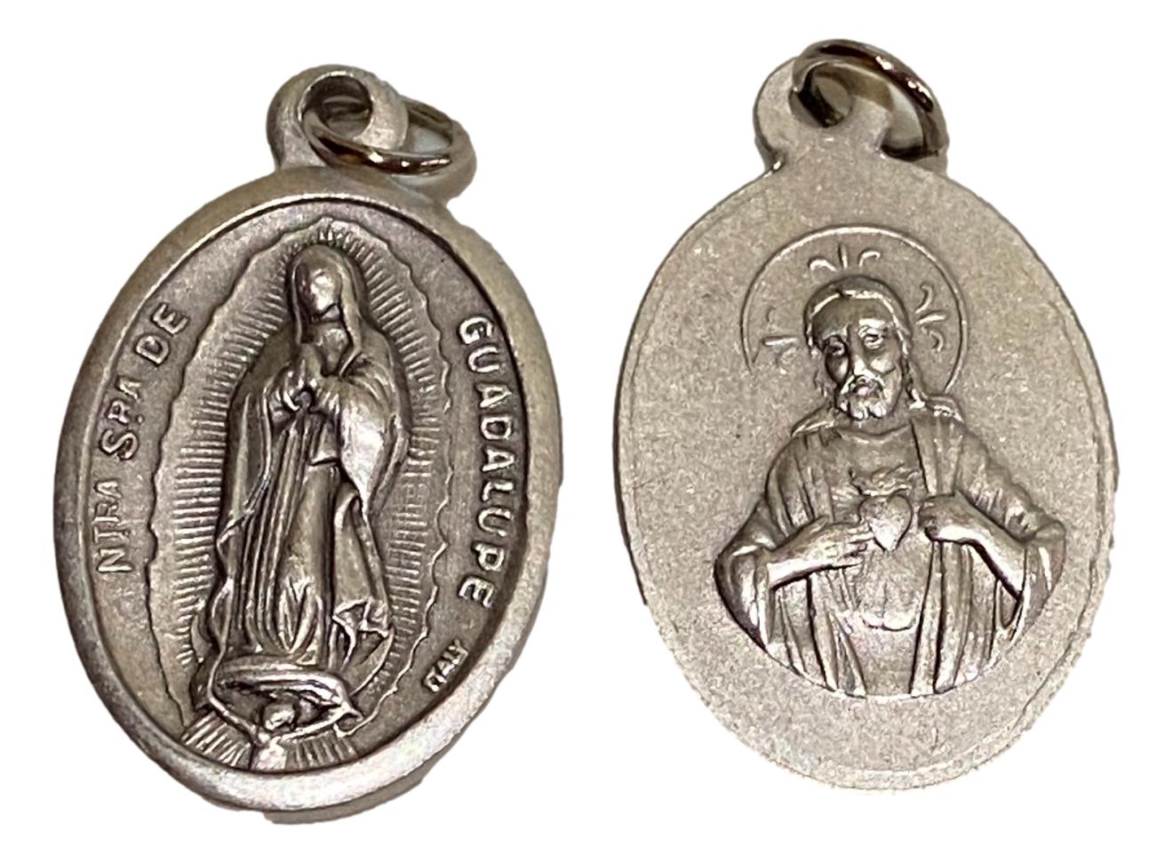 Medal Nuestra Senora De Guadalupe And Sacred Heart Of Jesus Italian Double-Sided Silver Oxidized Metal Alloy 1 inch - Ysleta Mission Gift Shop- VOTED El Paso's Best Gift Shop