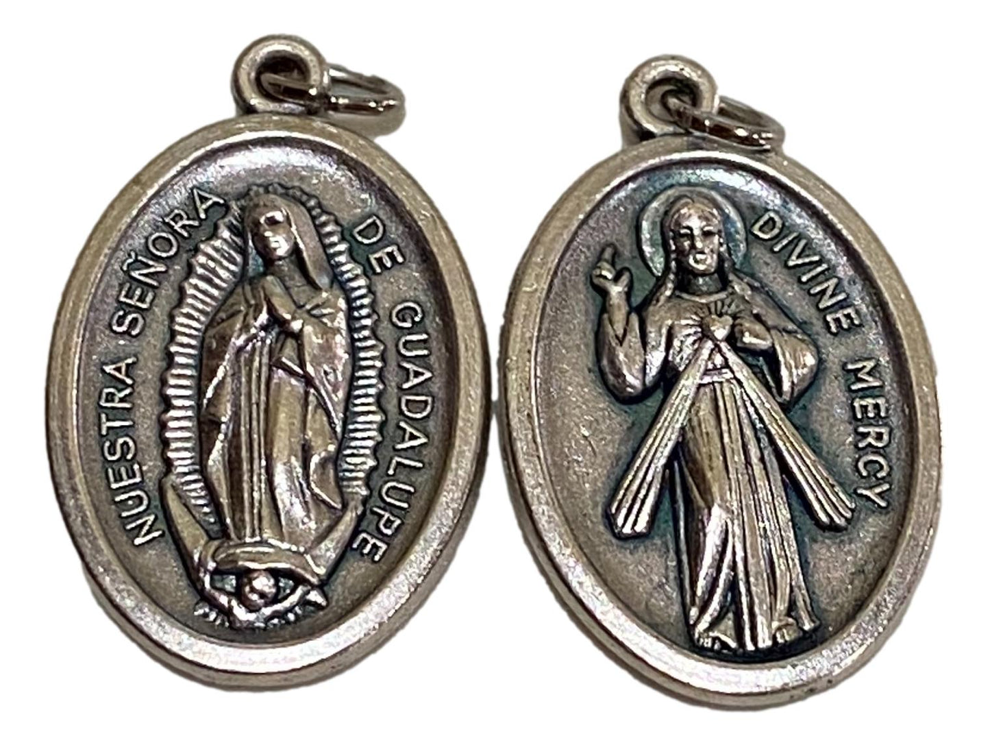 Medal Nuestra Senora De Guadalupe Divine Mercy Italian Double-Sided Silver Oxidized Metal Alloy 1 inch - Ysleta Mission Gift Shop- VOTED El Paso's Best Gift Shop
