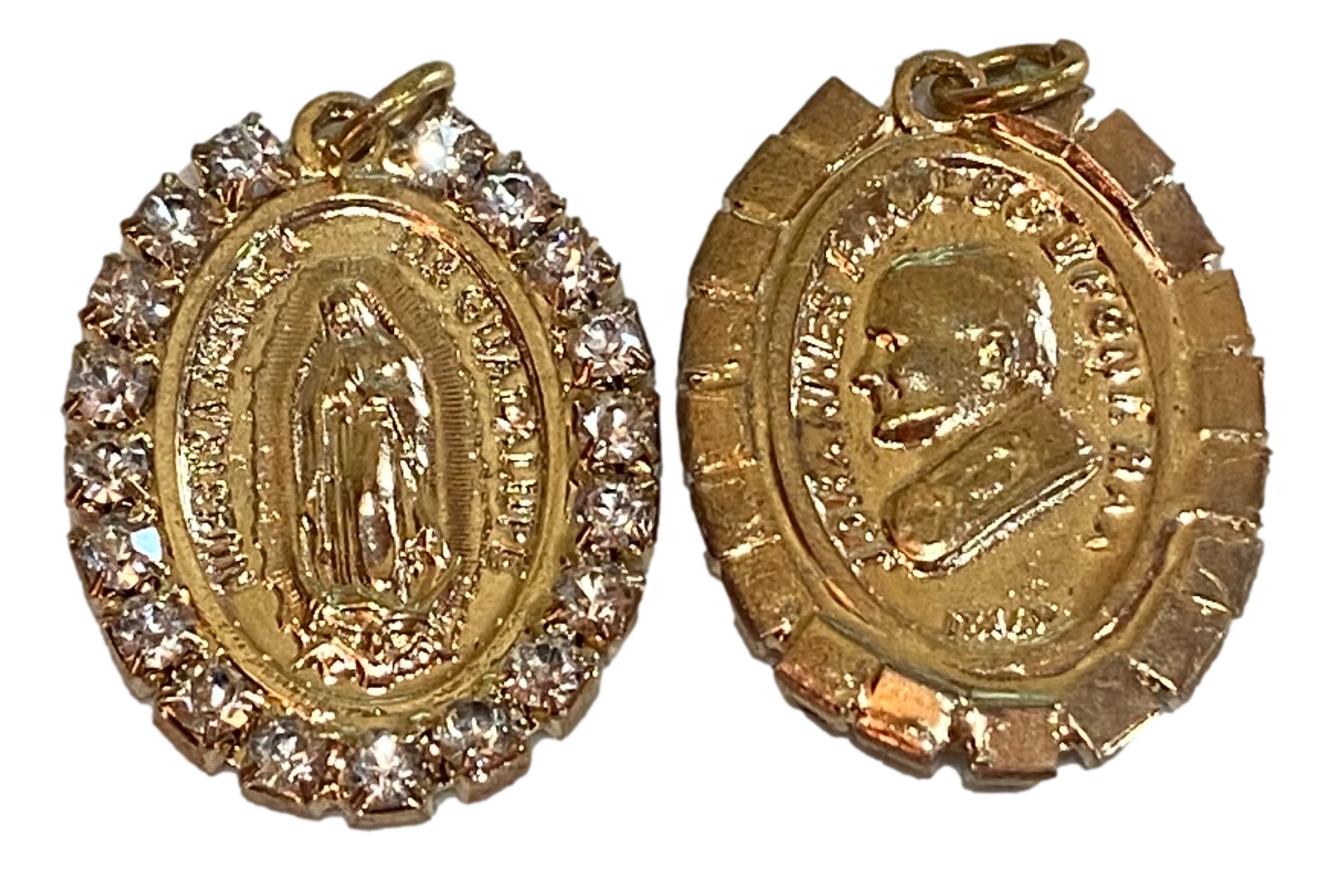 Medal Nuestra Senora De Guadalupe Pope John Paul Double-Sided Goldtone Rhinestone Edge Accents 1in. - Ysleta Mission Gift Shop- VOTED El Paso's Best Gift Shop