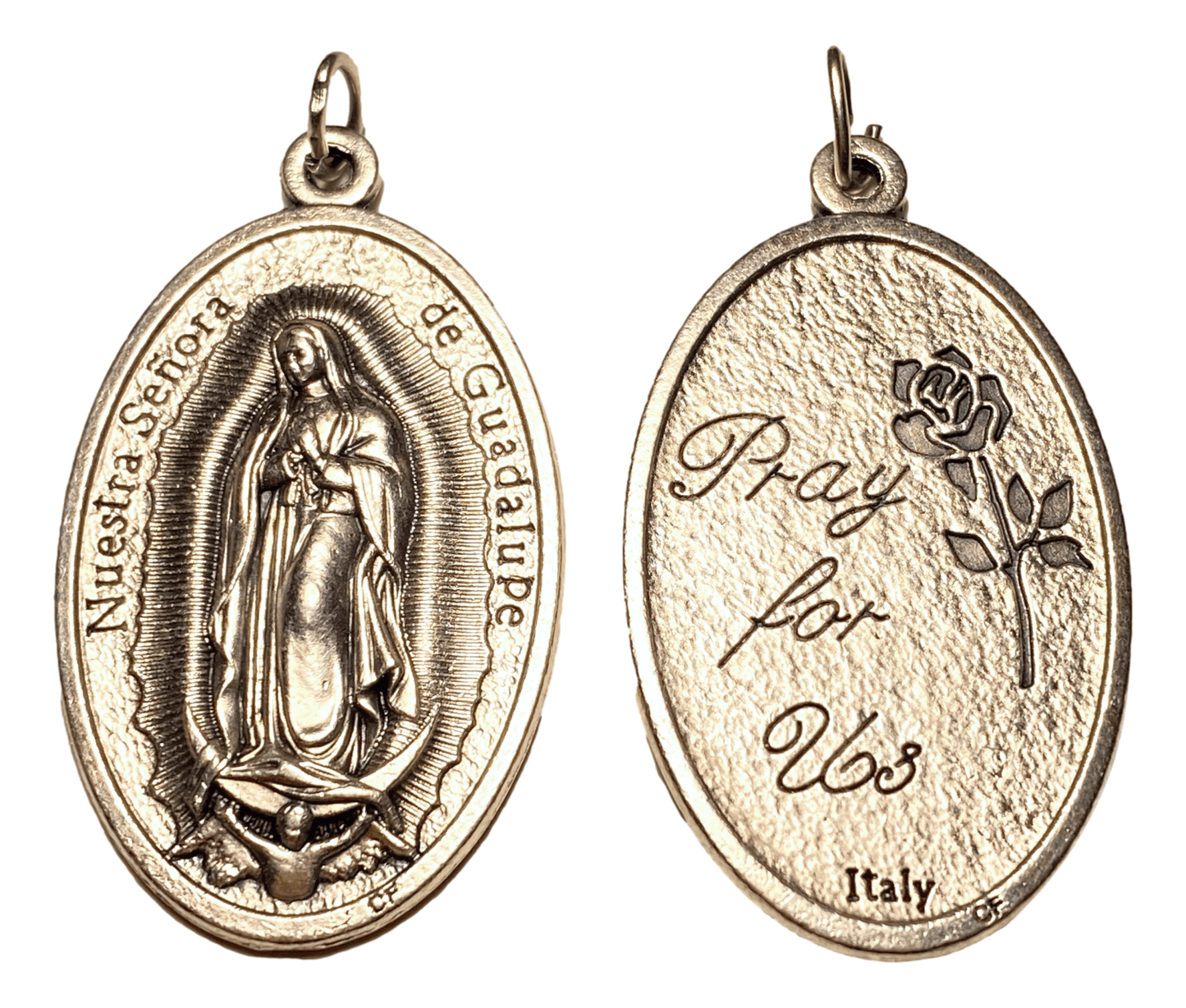 Medal Nuestra Senora De Guadalupe Pray For Us Italian Double-Sided Silver Oxidized Metal Alloy 1 3/4 L x 1 W Inches - Ysleta Mission Gift Shop- VOTED El Paso's Best Gift Shop