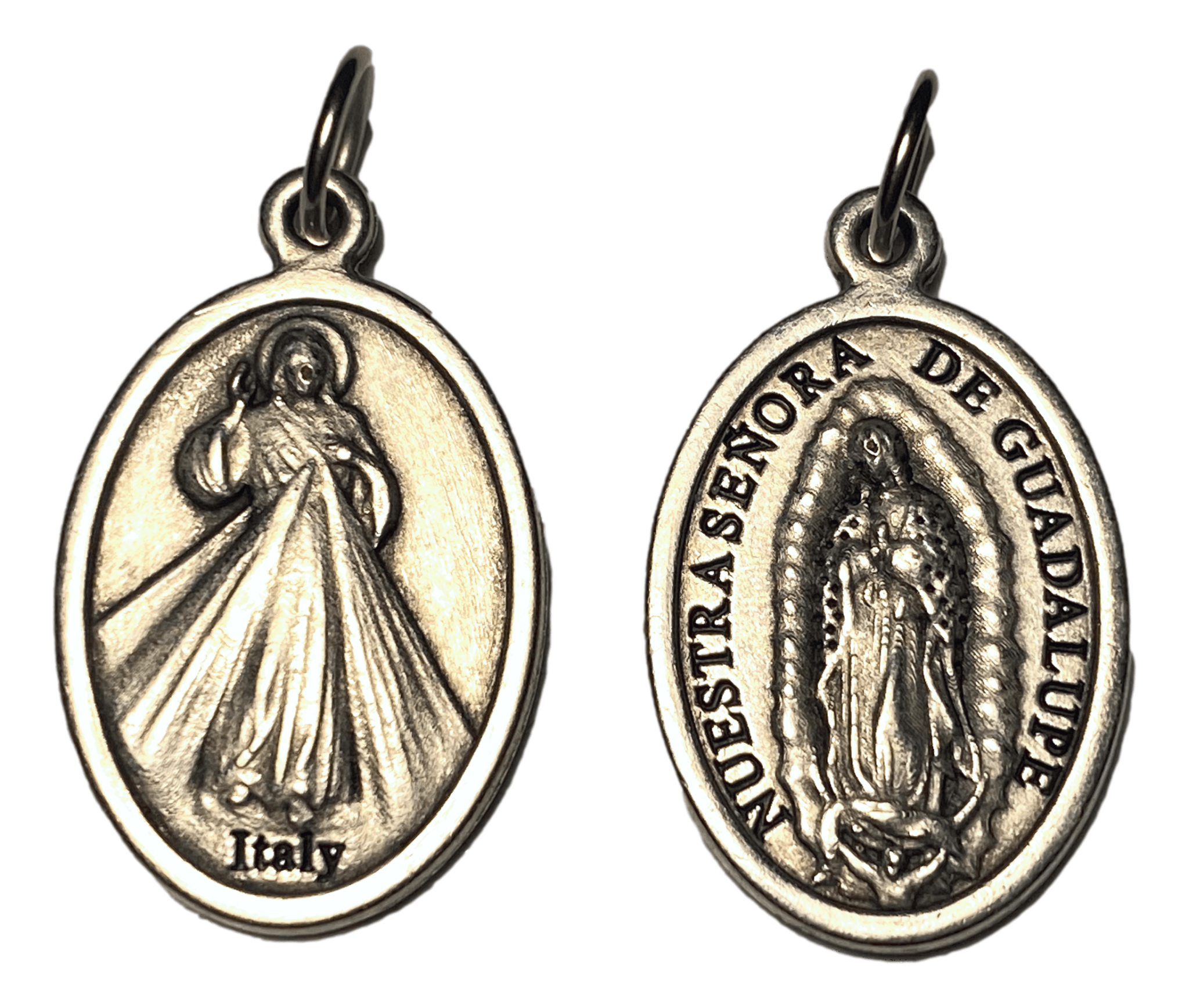 Medal Oval Our Lady of Guadalupe Divine Mercy Italian Double-Sided Silver Metal Alloy 1 L x 5/8 W inches - Ysleta Mission Gift Shop- VOTED El Paso's Best Gift Shop