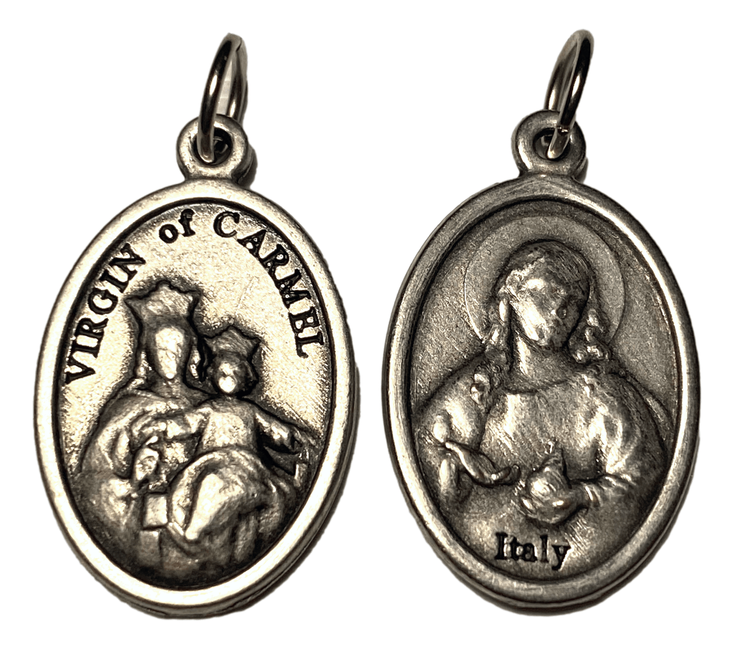 Medal Oval Sacred Heart Virgin of Carmel Italian Double-Sided Silver Metal Alloy 1 L x 5/8 W inches - Ysleta Mission Gift Shop- VOTED El Paso's Best Gift Shop