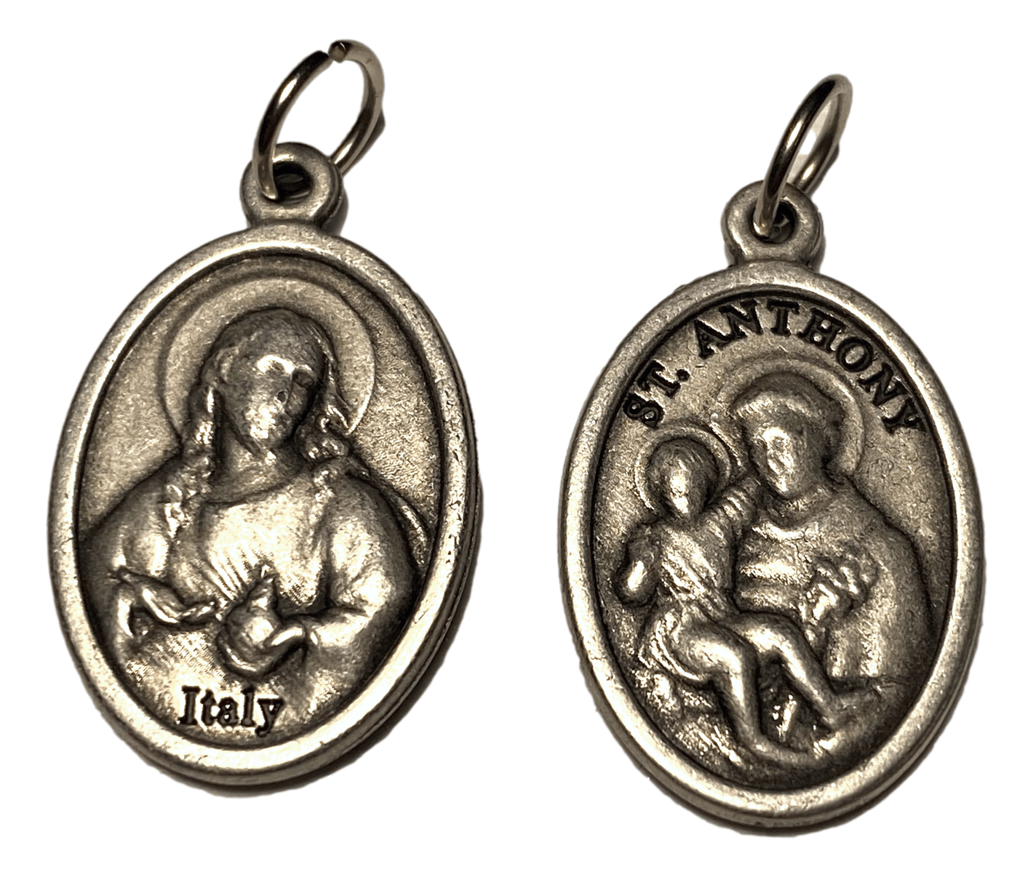 Medal Oval Saint Anthony Sacred Heart of Jesus Italian Double-Sided Silver Metal Alloy 1 L x 5/8 W inches - Ysleta Mission Gift Shop- VOTED El Paso's Best Gift Shop