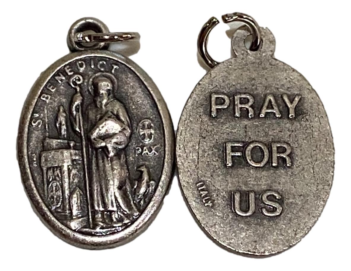 Medal Oval Saint Benedict Pray For Us Italian Double-Sided Silver Oxidized Metal Alloy 1 inch - Ysleta Mission Gift Shop- VOTED El Paso's Best Gift Shop