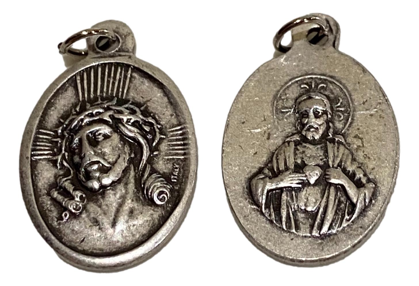 Medal Sacred Heart Of Jesus And Jesus Crown Of Thorns Italian Double-Sided Silver Oxidized Metal Alloy 1 inch - Ysleta Mission Gift Shop- VOTED El Paso's Best Gift Shop