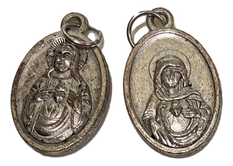Medal Sacred Heart Of Jesus Immaculate Heart of Mary Italian Double-Sided Silver Oxidized Metal Alloy 1 inch - Ysleta Mission Gift Shop- VOTED El Paso's Best Gift Shop