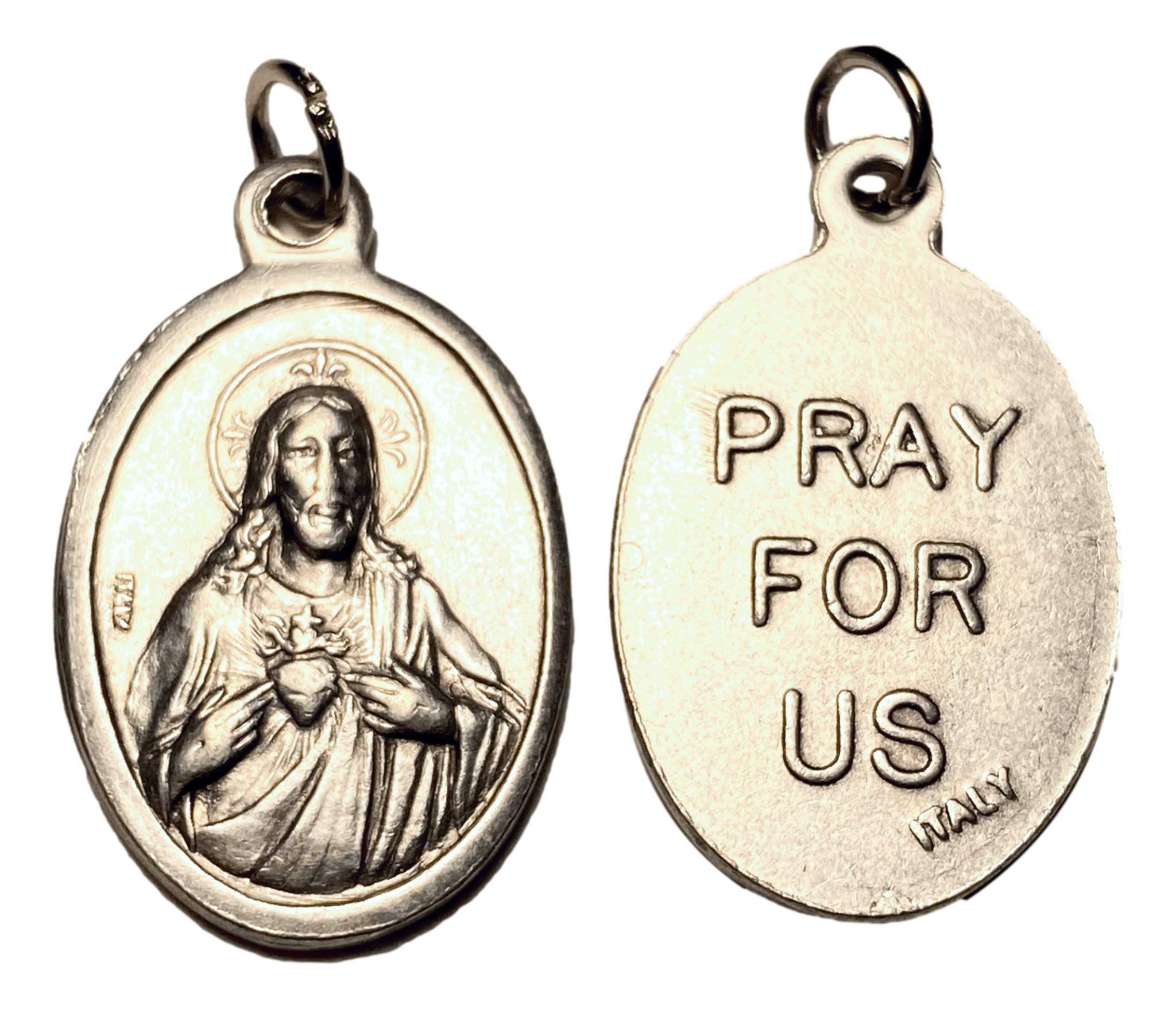 Medal Sacred Heart Pray For Us Italian Double-Sided Silver Oxidized Metal Alloy 1 L x 1/2 W Inches - Ysleta Mission Gift Shop- VOTED El Paso's Best Gift Shop