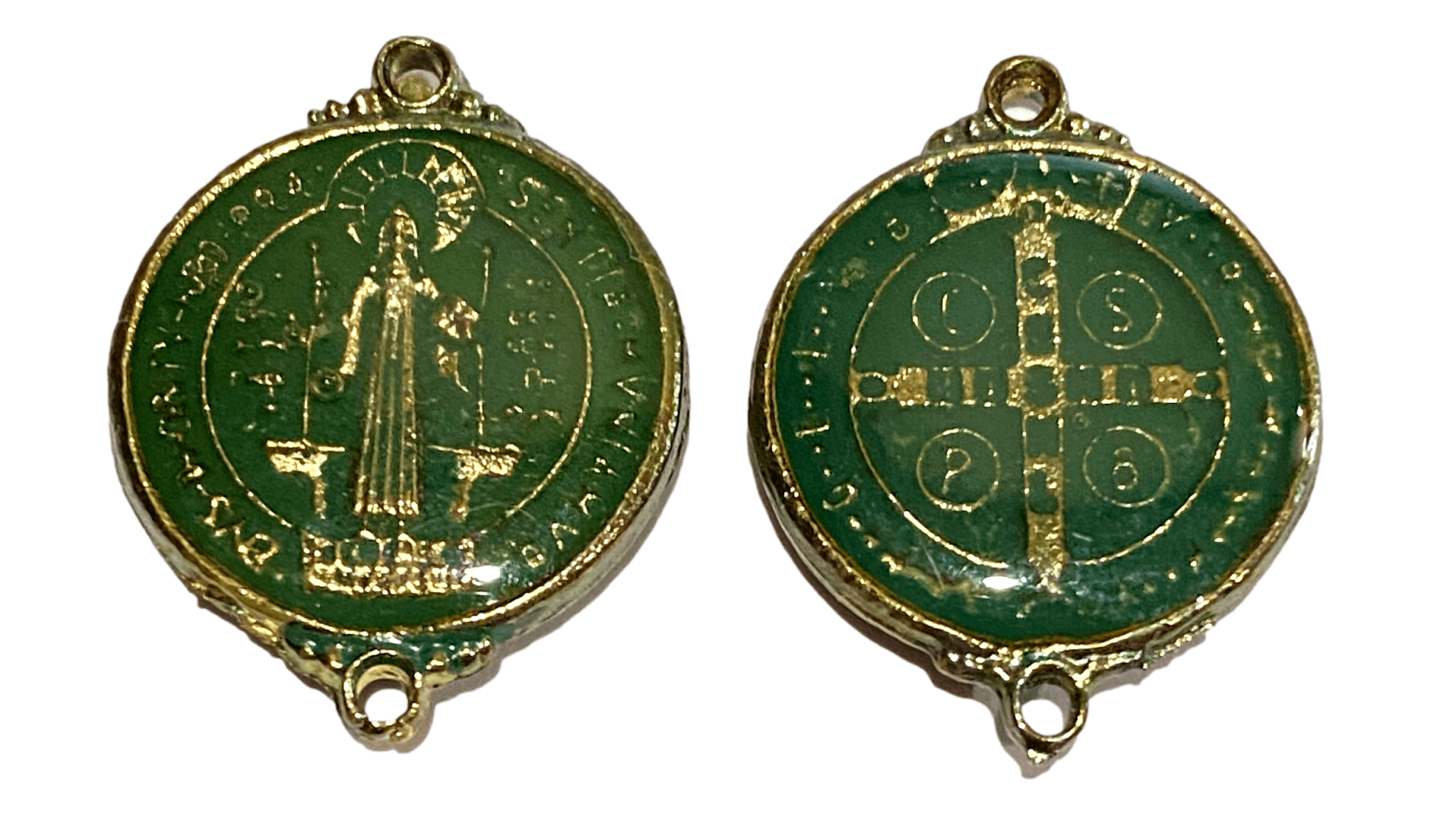 Medal Saint Benedict Gold Green Enamel Seal Italian Oxidized Metal Alloy 1 inch - Ysleta Mission Gift Shop- VOTED El Paso's Best Gift Shop