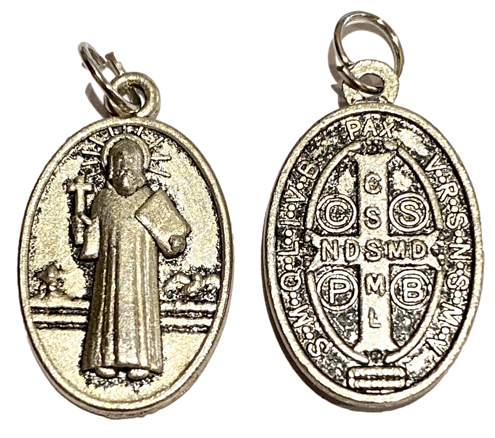 Medal Saint Benedict Medal Back Long Oval Italian Double-Sided Silver Oxidized Metal Alloy 1 inch - Ysleta Mission Gift Shop- VOTED El Paso's Best Gift Shop