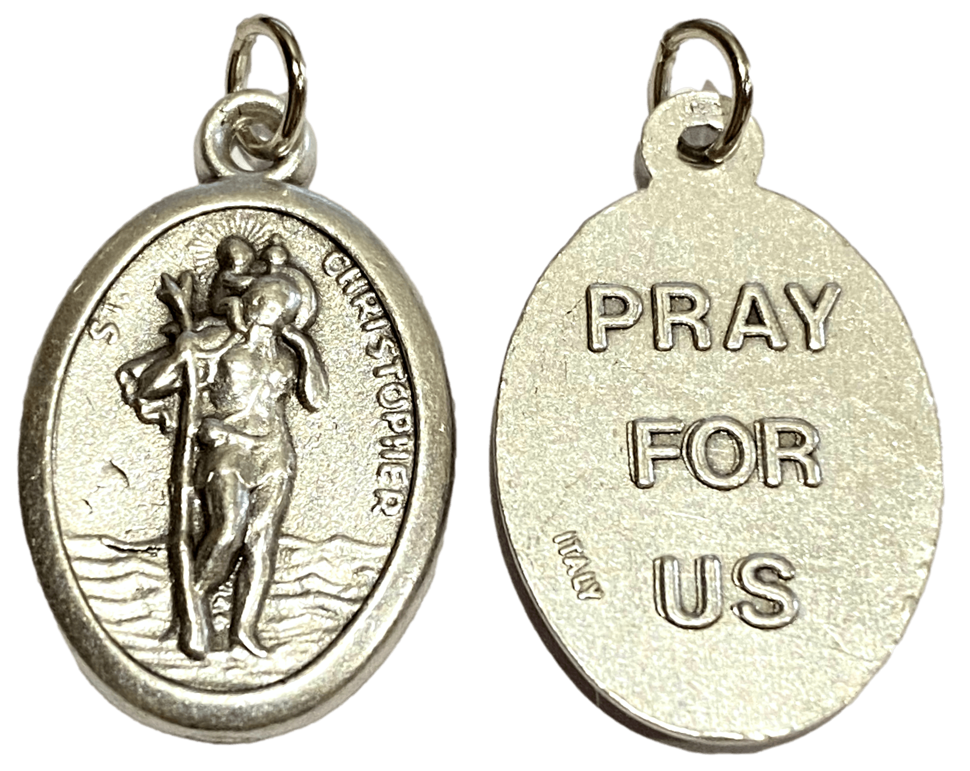 Medal Saint Christopher Pray For Us Italian Double-Sided Silver Oxidized Metal Alloy 1 inch - Ysleta Mission Gift Shop- VOTED El Paso's Best Gift Shop