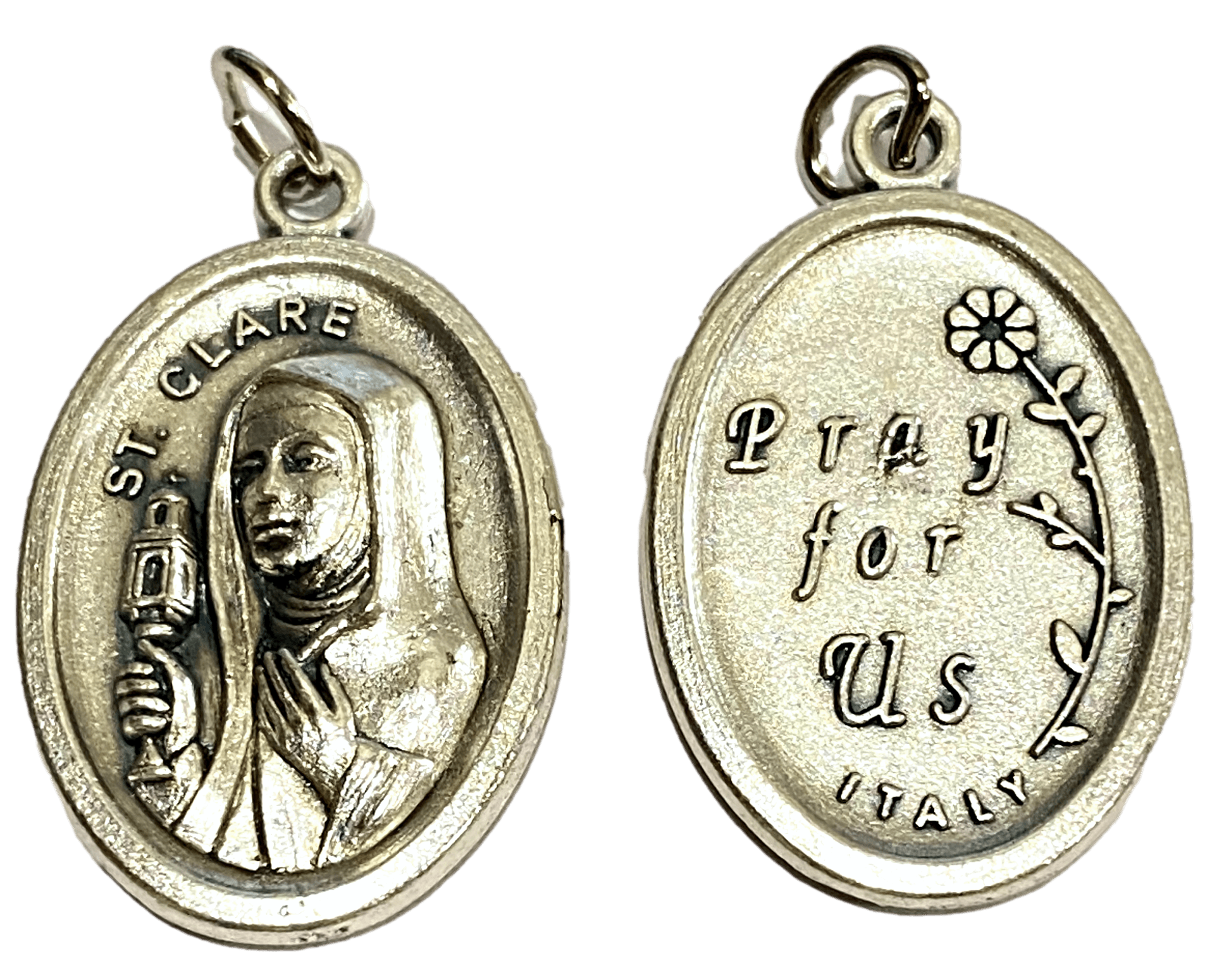 Medal Saint Clare Pray for Us Italian Double-Sided Silver Oxidized Metal Alloy 1 inch - Ysleta Mission Gift Shop- VOTED El Paso's Best Gift Shop