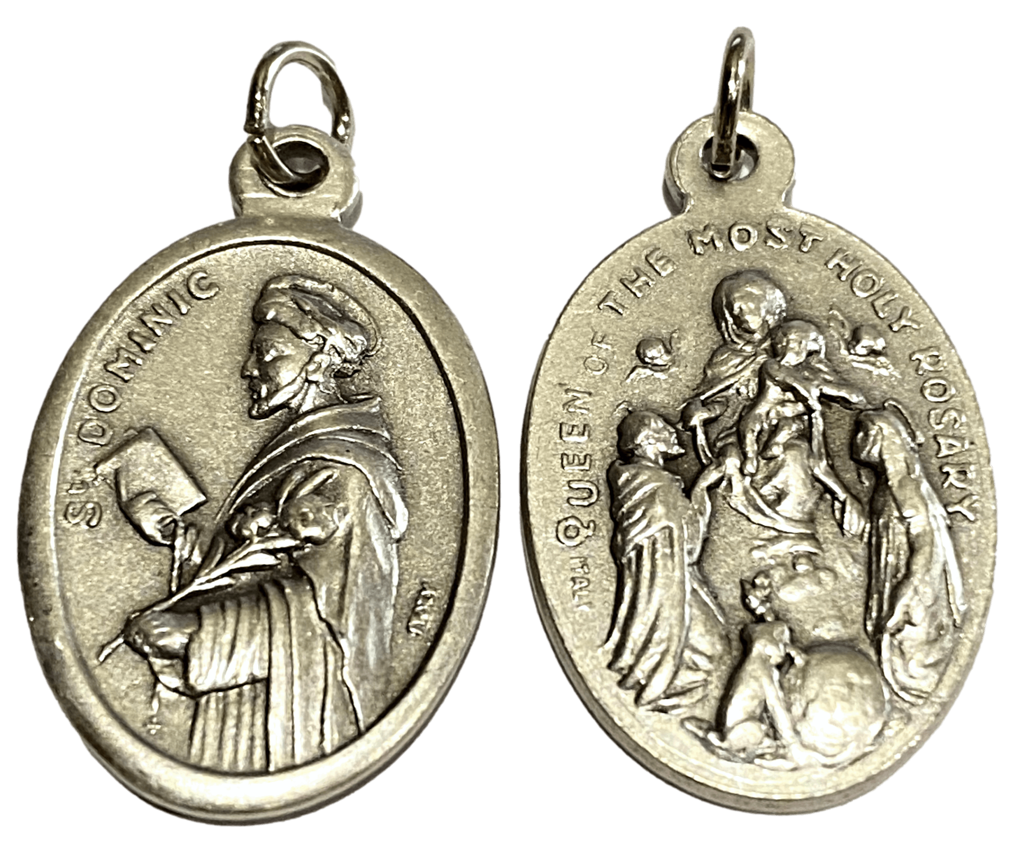 Medal Saint Dominic Queen of the Most Holy Rosary Italian Double-Sided Silver Oxidized Metal Alloy 1 inch - Ysleta Mission Gift Shop- VOTED El Paso's Best Gift Shop