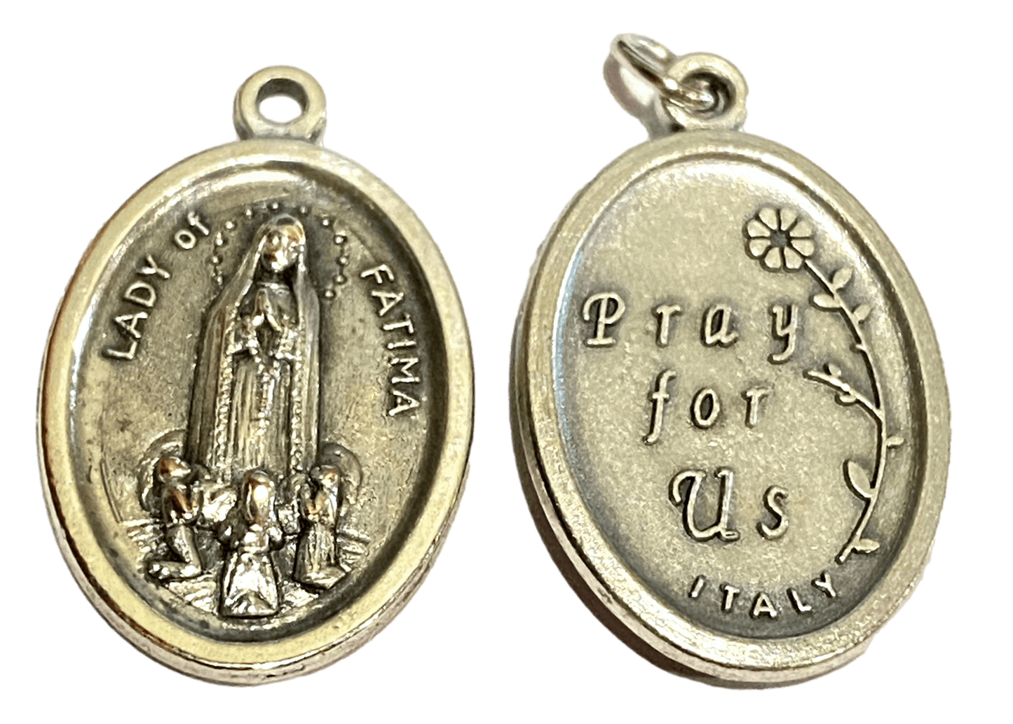 Medal Saint Fatima Pray For Us Italian Double-Sided Silver Oxidized Metal Alloy 1 inch - Ysleta Mission Gift Shop- VOTED El Paso's Best Gift Shop