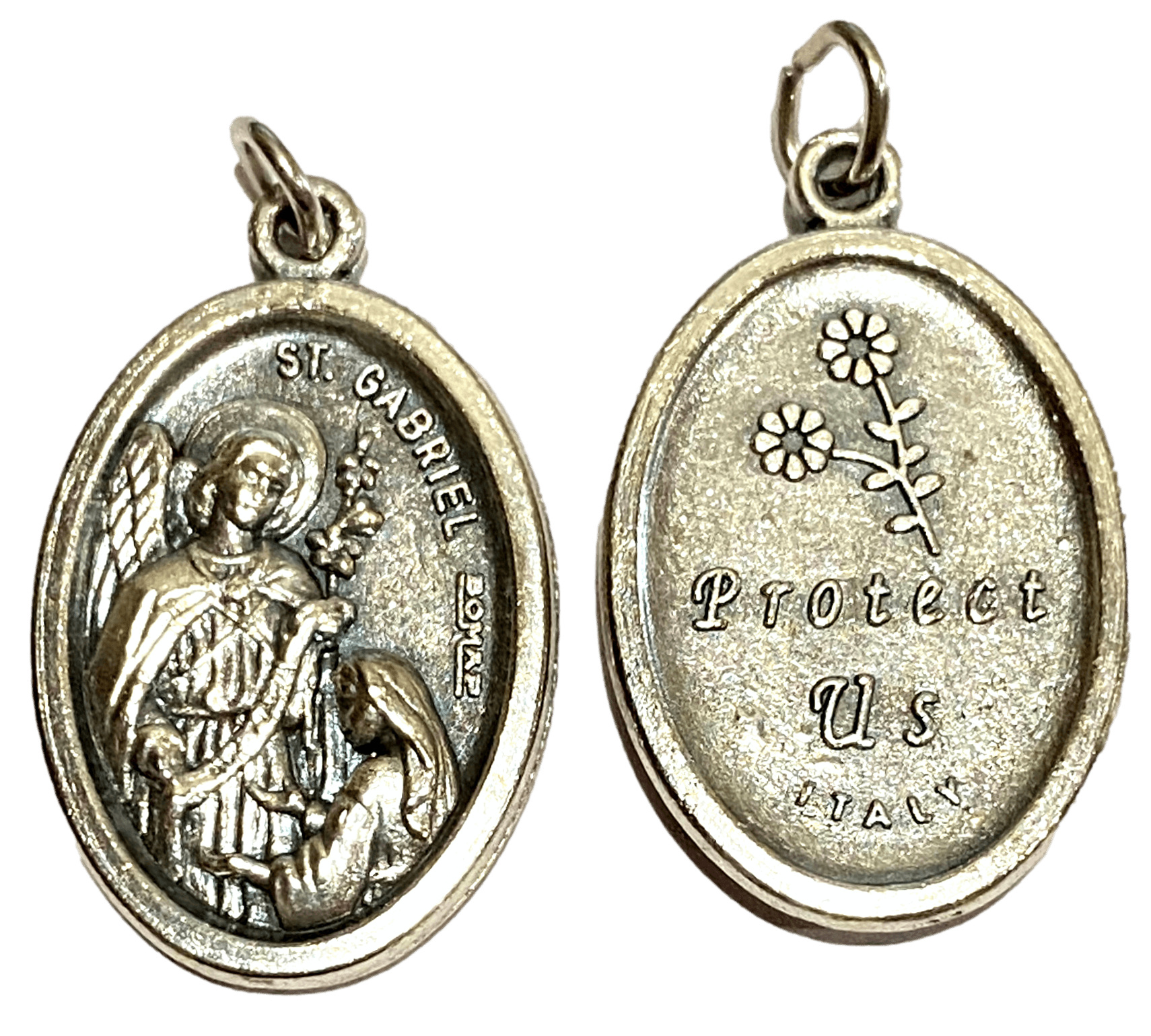 Medal Saint Gabriel Protect Us Italian Double-Sided Silver Oxidized Metal Alloy 1 inch - Ysleta Mission Gift Shop- VOTED El Paso's Best Gift Shop