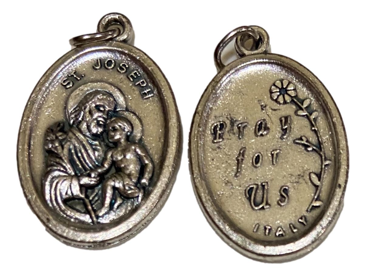 Medal Saint Joseph Pray For Us Italian Double-Sided Silver Oxidized Metal Alloy 1 inch - Ysleta Mission Gift Shop- VOTED El Paso's Best Gift Shop