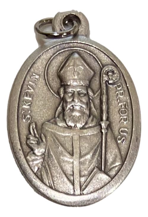 Medal Saint Kevin Patron Saint of Dublin and Animals Pray for Us Italian Double-Sided Silver Oxidized Metal Alloy 1 inch - Ysleta Mission Gift Shop- VOTED El Paso's Best Gift Shop