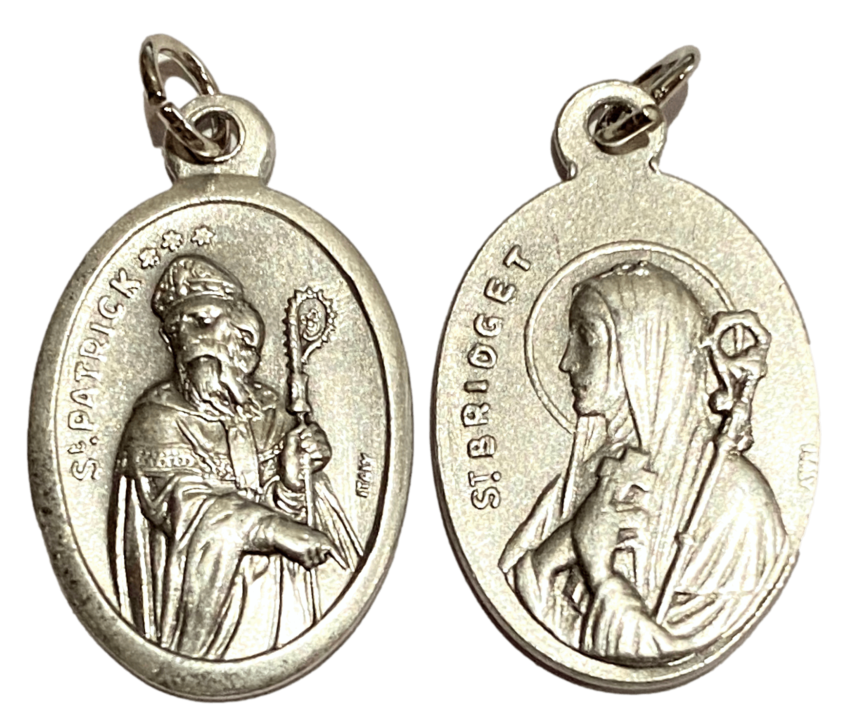 Medal Saint Patrick Saint Bridget Italian Double-Sided Silver Oxidized Metal Alloy 1 inch - Ysleta Mission Gift Shop- VOTED El Paso's Best Gift Shop