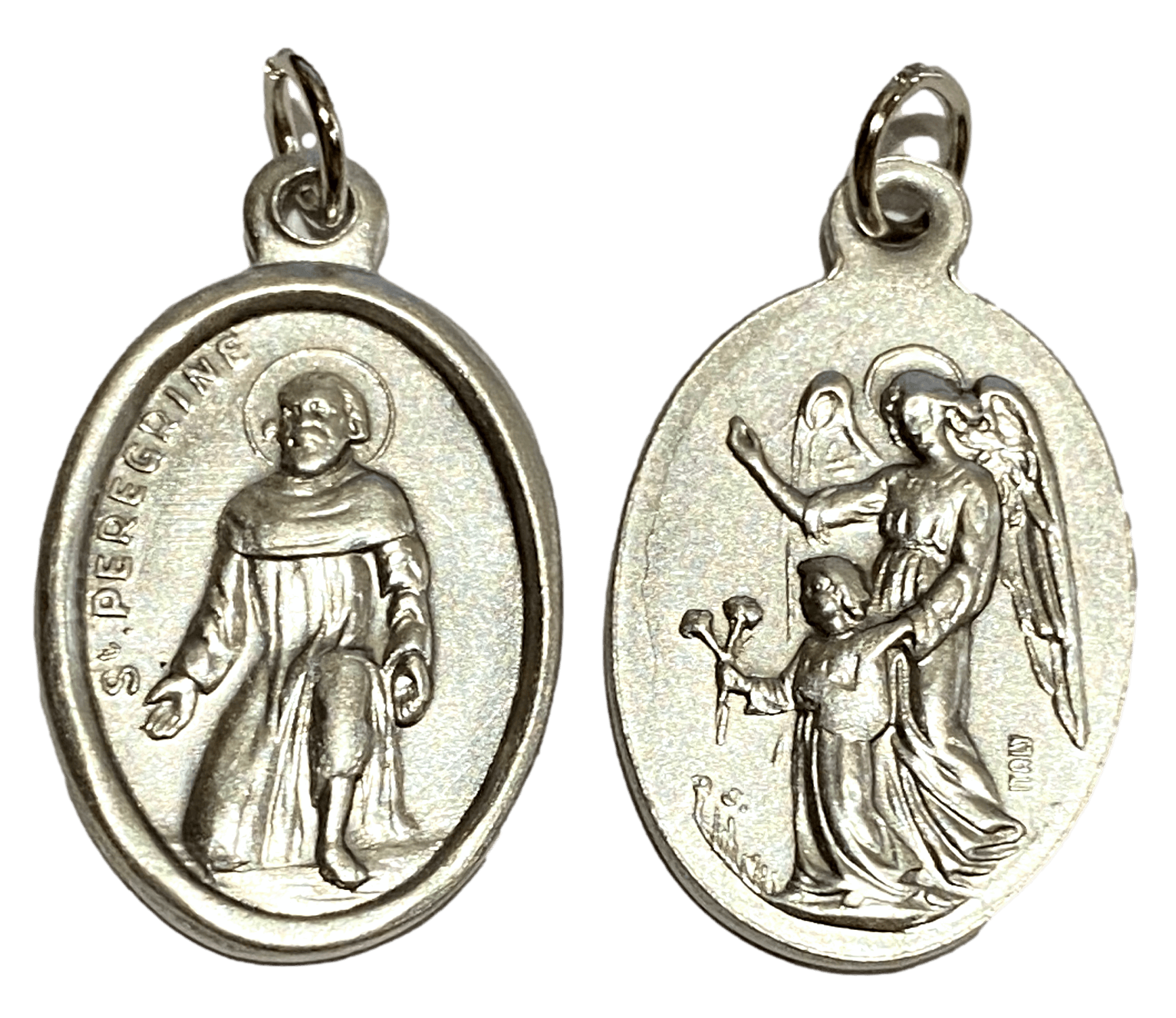 Medal Saint Peregrine Guardian Angel Italian Double-Sided Silver Oxidized Metal Alloy 1 inch - Ysleta Mission Gift Shop- VOTED El Paso's Best Gift Shop