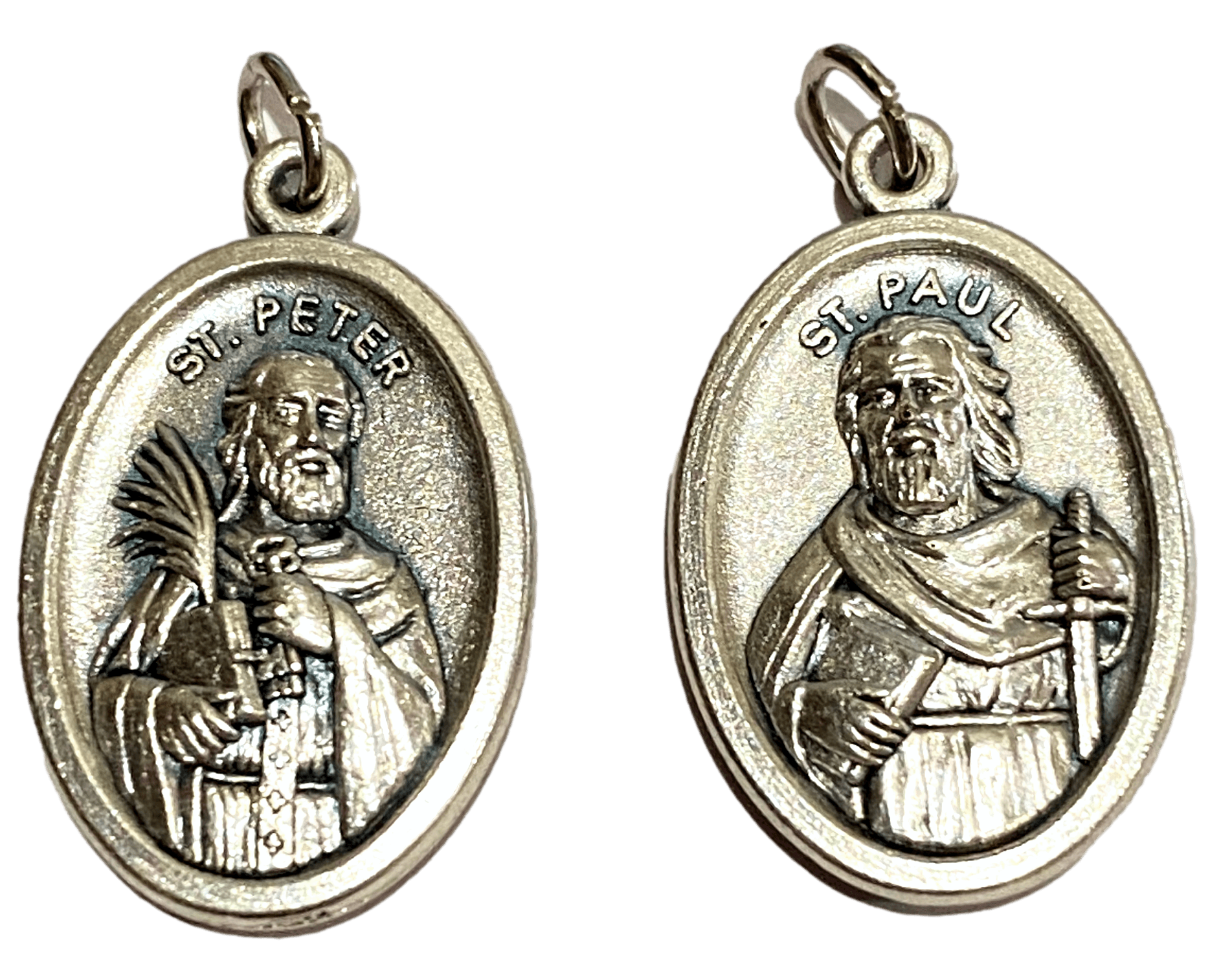 Medal Saint Peter Saint Paul Italian Double-Sided Silver Oxidized Metal Alloy 1 inch - Ysleta Mission Gift Shop- VOTED El Paso's Best Gift Shop