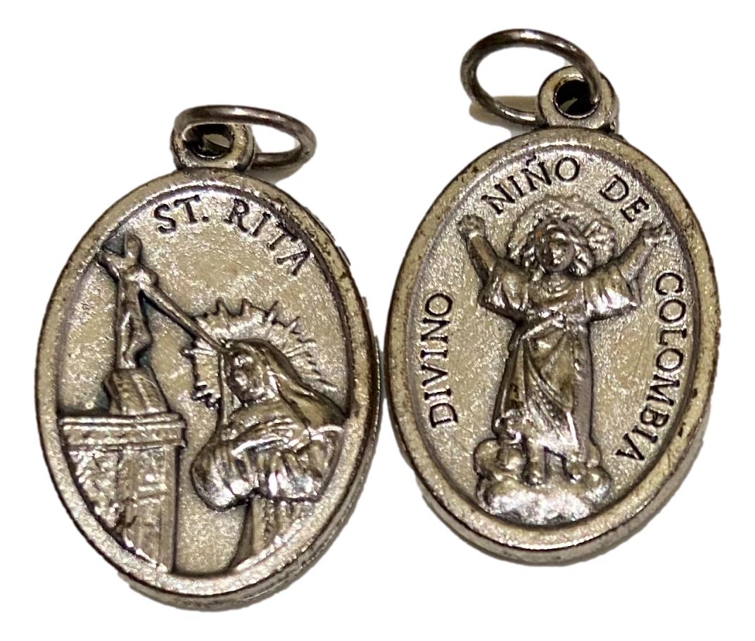 Medal Saint Rita & Divino Nino De Colombia Italian Double-Sided Silver Oxidized Metal Alloy 1 inch - Ysleta Mission Gift Shop- VOTED El Paso's Best Gift Shop