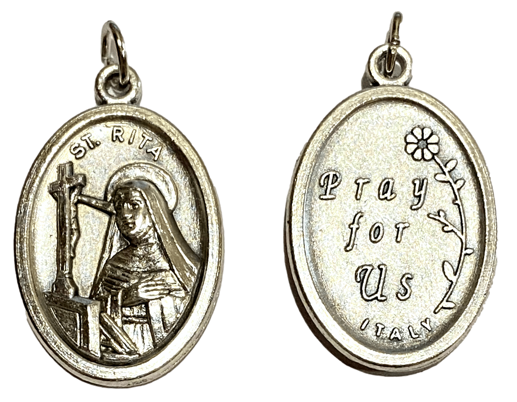 Medal Saint Rita Pray For Us Italian Double-Sided Silver Oxidized Metal Alloy 1 inch - Ysleta Mission Gift Shop- VOTED El Paso's Best Gift Shop