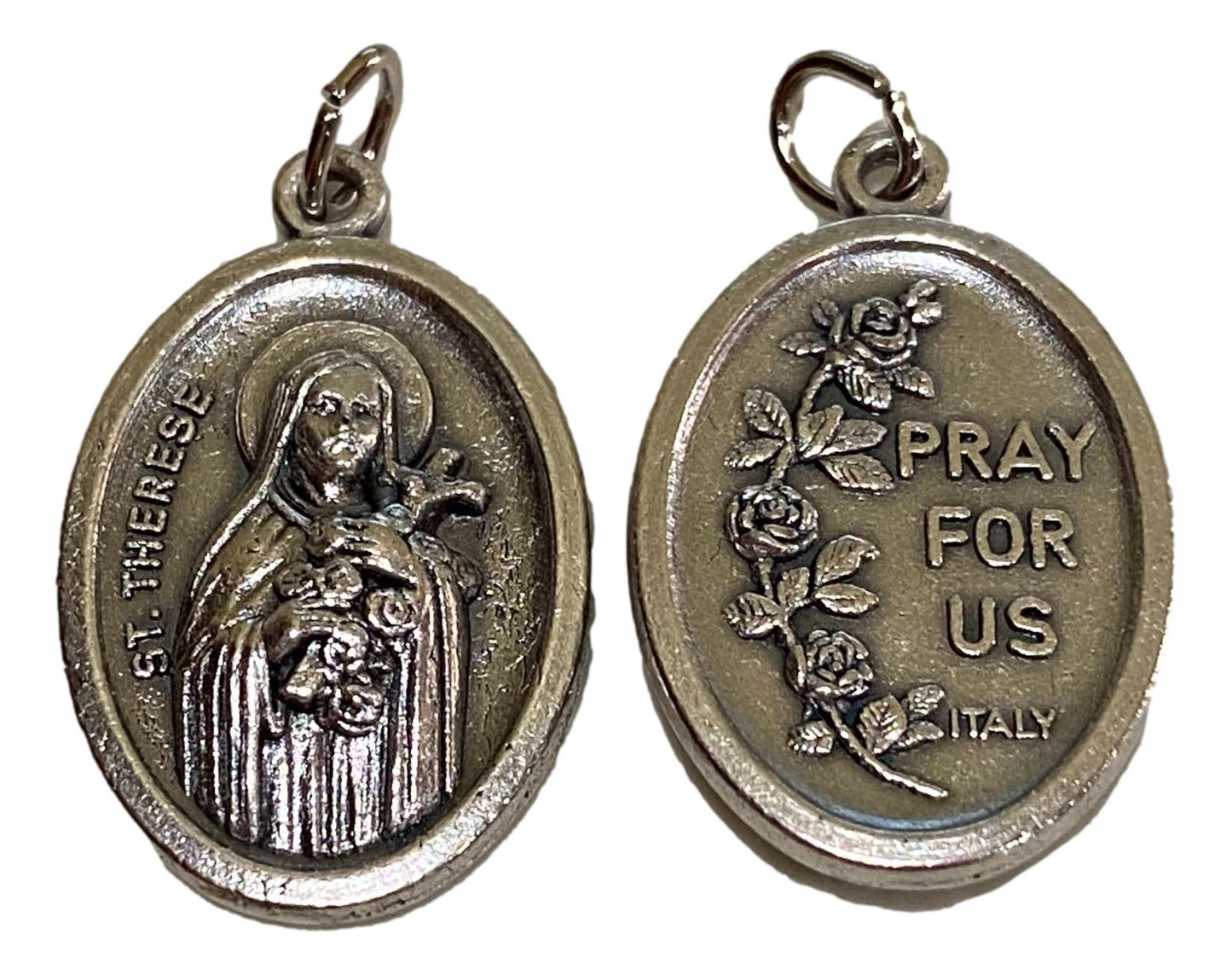 Medal Saint Therese Pray For Us Italian Double-Sided Silver Oxidized Metal Alloy 1 inch - Ysleta Mission Gift Shop- VOTED El Paso's Best Gift Shop