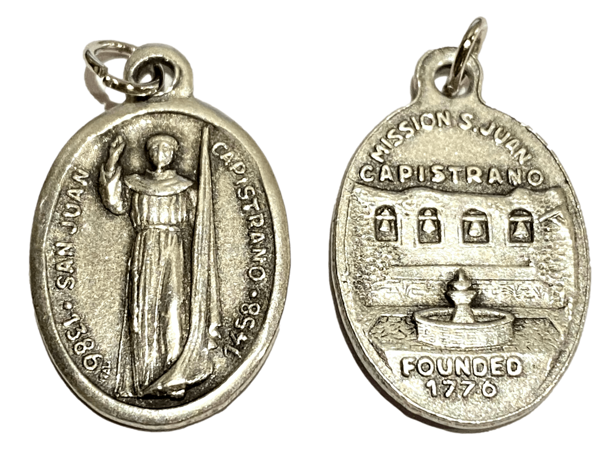 Medal San Juan Capistrano Mission 1776 Italian Double-Sided Silver Oxidized Metal Alloy 1 inch - Ysleta Mission Gift Shop- VOTED El Paso's Best Gift Shop