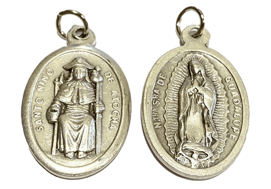 Medal Santo Nino & Virgen De Guadalupe Italian Double-Sided Silver Oxidized Metal Alloy 1 inch - Ysleta Mission Gift Shop- VOTED El Paso's Best Gift Shop