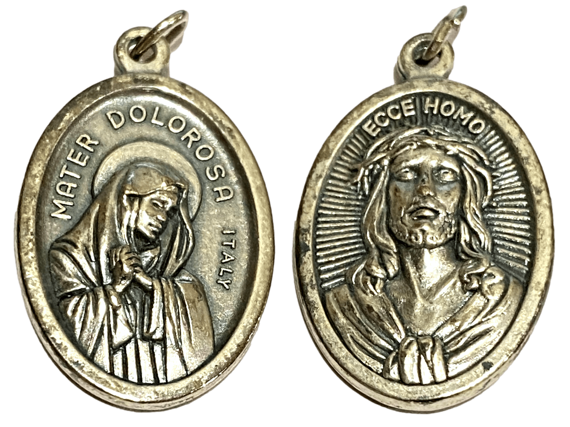 Medal Sorrowful Mother Mater Dolorosa Behold the Man Ecce Homo Italian Double-Sided Silver Oxidized Metal Alloy 1 inch - Ysleta Mission Gift Shop- VOTED El Paso's Best Gift Shop