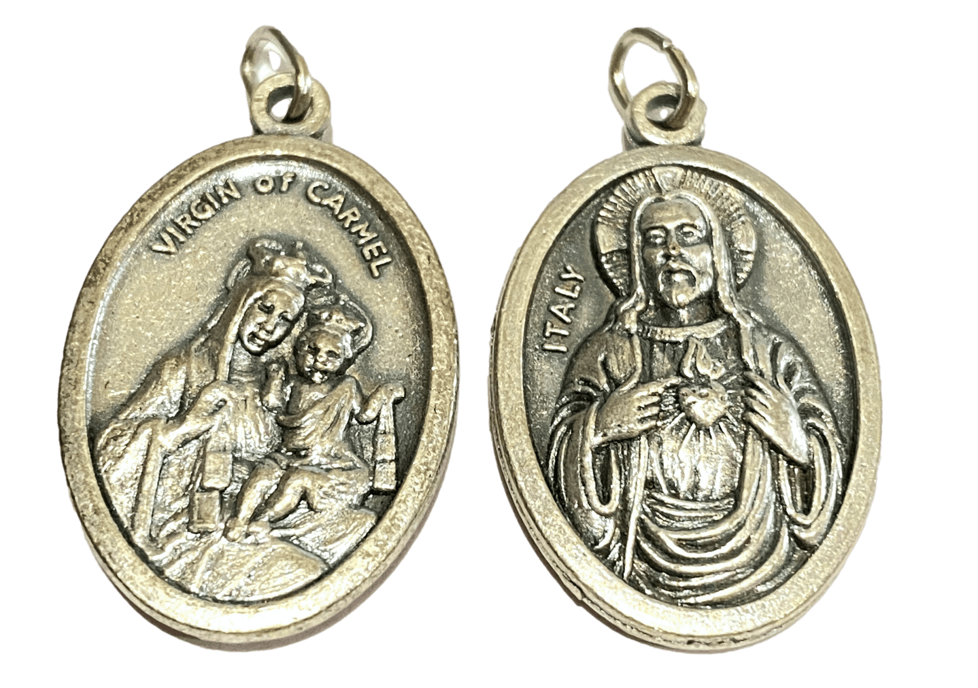 Medal Virgin Of Carmel And Sacred Heart Of Jesus Italian Double-Sided Silver Oxidized Metal Alloy 1 inch - Ysleta Mission Gift Shop- VOTED El Paso's Best Gift Shop