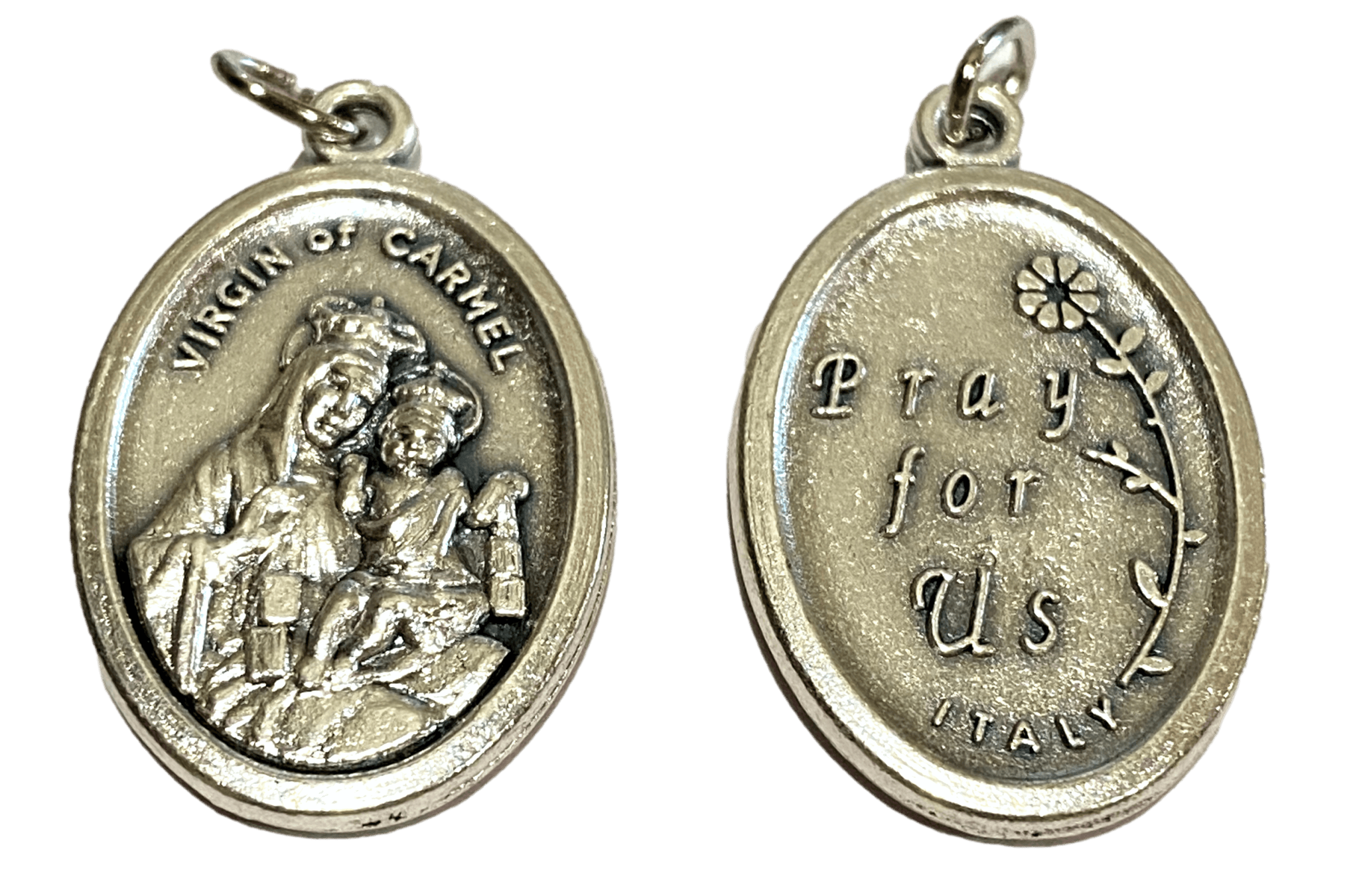 Medal Virgin Of Carmel Pray For Us Italian Double-Sided Silver Oxidized Metal Alloy 1 inch - Ysleta Mission Gift Shop- VOTED El Paso's Best Gift Shop