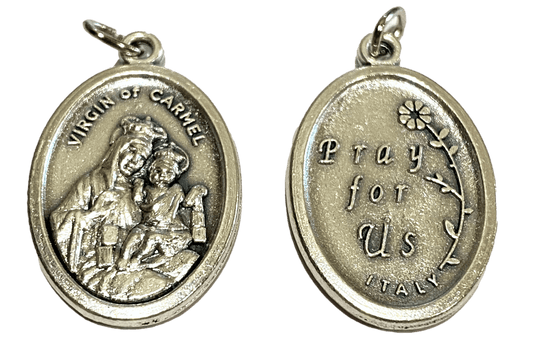 Medal Virgin Of Carmel Pray For Us Italian Double-Sided Silver Oxidized Metal Alloy 1 inch - Ysleta Mission Gift Shop- VOTED El Paso's Best Gift Shop