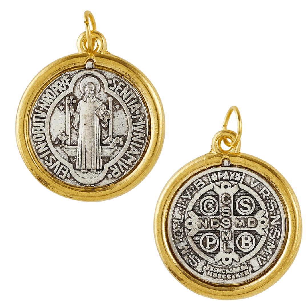 Medallion Saint Benedict Medal Two-Tone Gold Edge Oxidized Metal Alloy 1 3/4 L x 1 3/8 W Inches - Ysleta Mission Gift Shop- VOTED El Paso's Best Gift Shop