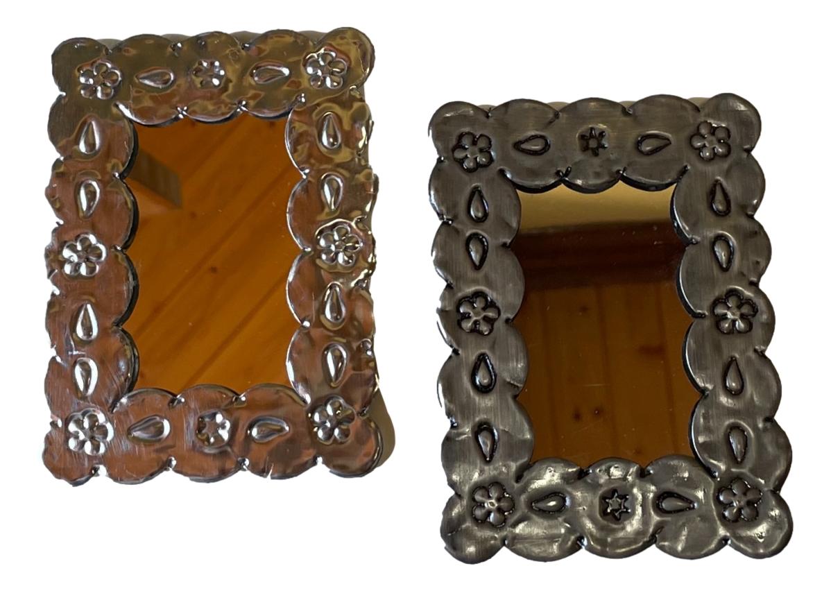 Mirror Small Hand Tooled Tin Frame Scalloped Edging Handcrafted in Mexico 5" x 3" - Ysleta Mission Gift Shop- VOTED El Paso's Best Gift Shop