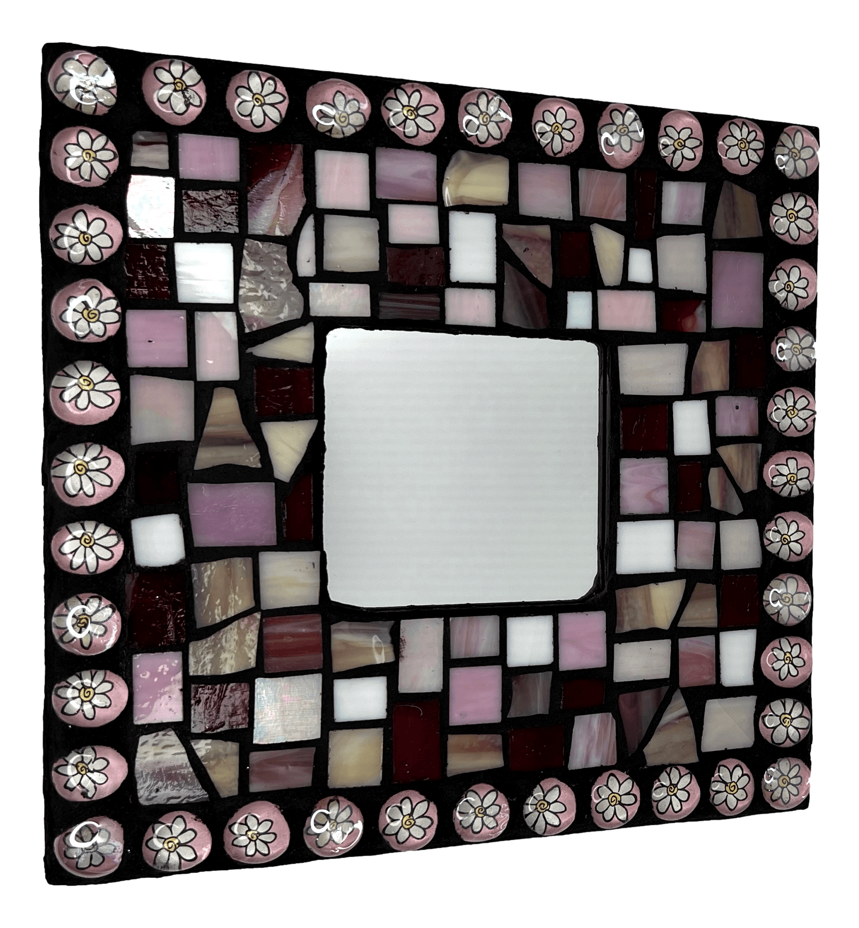 Mirror Wall Hanging Squared Wood Pink Tone Mosaic Tiles Daisy Border L: 10 inches X W: 10 inches - Ysleta Mission Gift Shop- VOTED El Paso's Best Gift Shop
