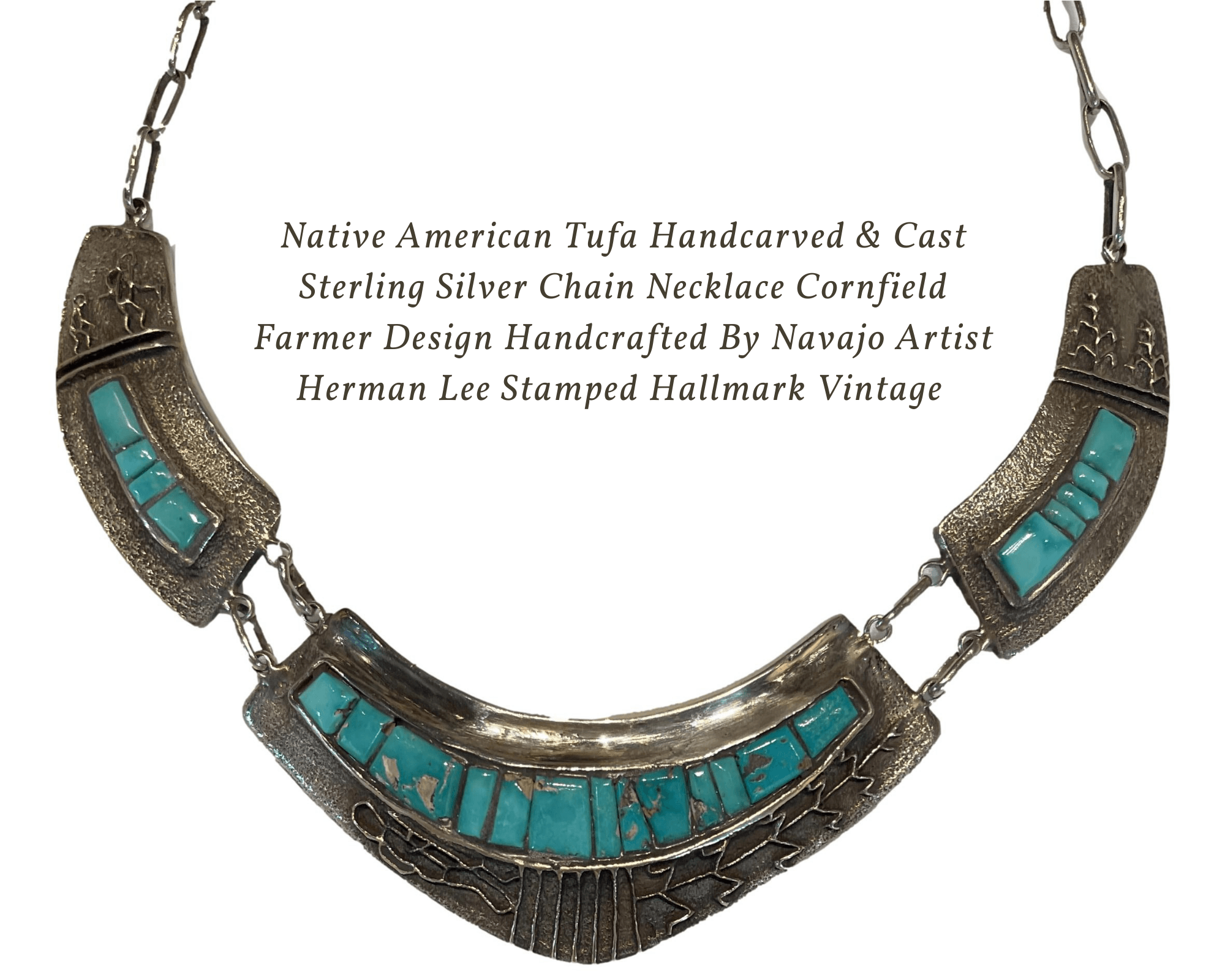 Native American Tufa Handcarved & Cast Sterling Silver Chain Necklace Cornfield Farmer Design Handcrafted By Navajo Artist Herman Lee Stamped Hallmark - Ysleta Mission Gift Shop- VOTED El Paso's Best Gift Shop