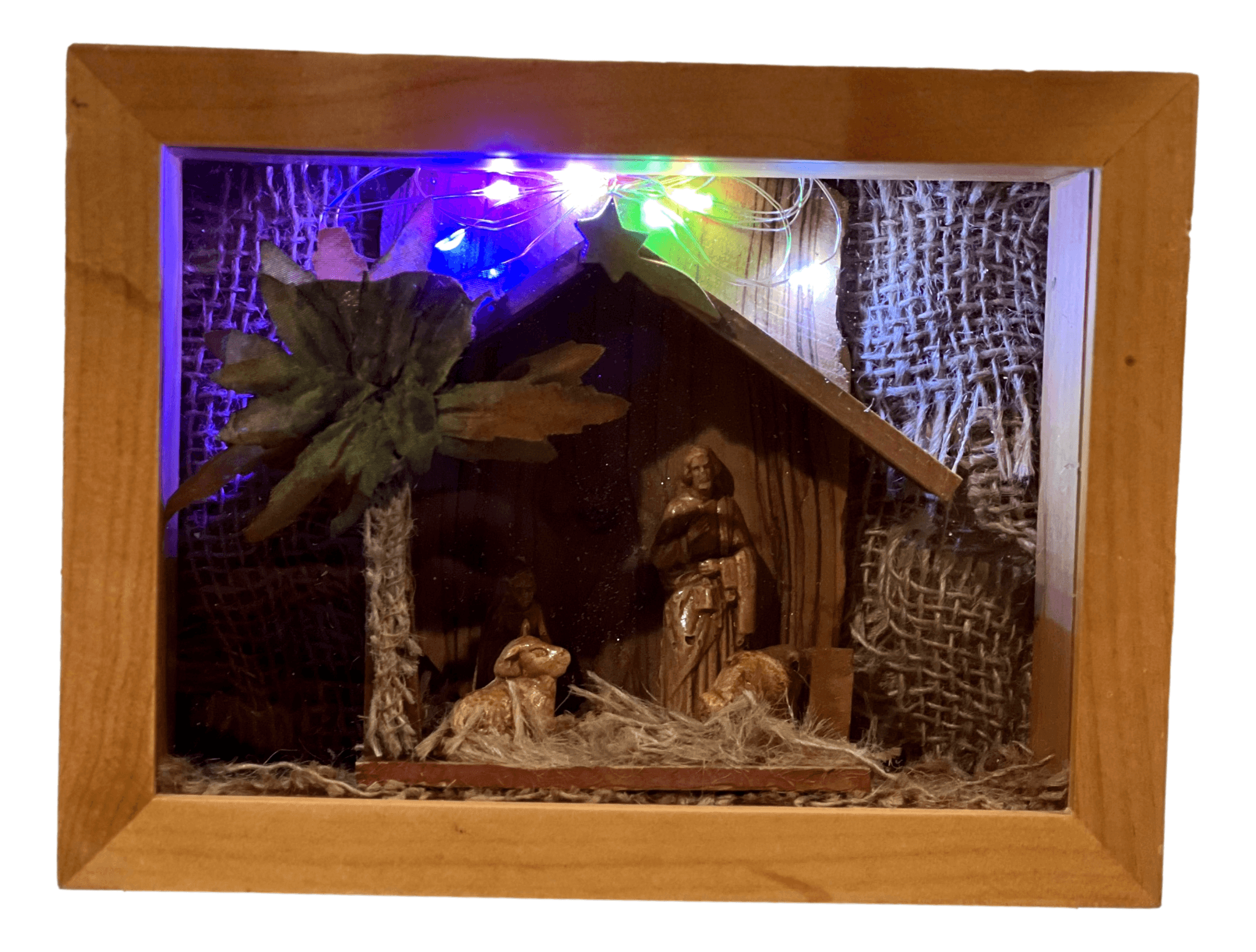 Nativity Light Up Shadow Box Wood Glass AA Battery Powered Handcrafted By Local El Paso Artist Norma H: 6 inches W: 3 inches L: 8 inches - Ysleta Mission Gift Shop- VOTED 2022 El Paso's Best Gift Shop