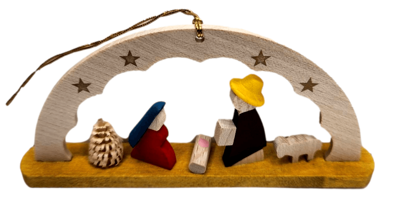 Nativity Ornament Wood Handmade in Germany H: 2 inches X L: 4.5 inches - Ysleta Mission Gift Shop- VOTED 2022 El Paso's Best Gift Shop