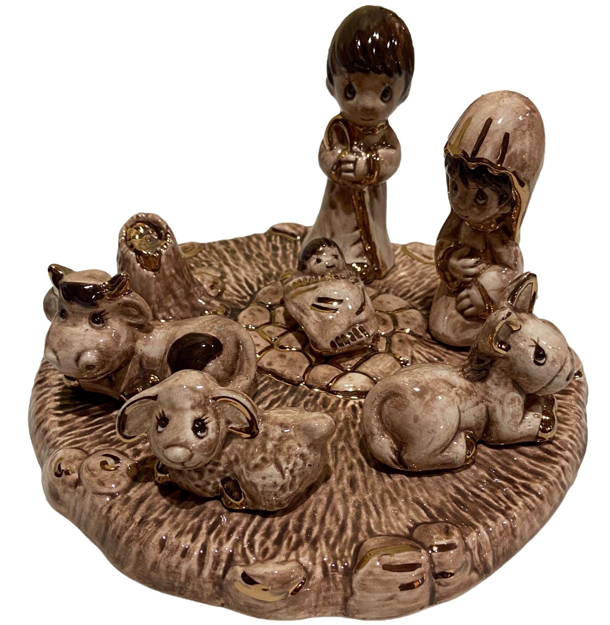Nativity Statue Nativity Glazed Ceramic 14K Gold Detailing Handcrafted By Local El Paso Artist SET of 7 Pieces 7.5"W X 3.5" H - Ysleta Mission Gift Shop- VOTED 2022 El Paso's Best Gift Shop