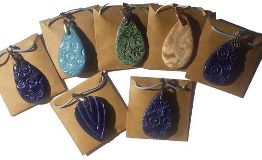 Necklace Set Embossed Clay Pendant Handcrafted Teardrop Shaped