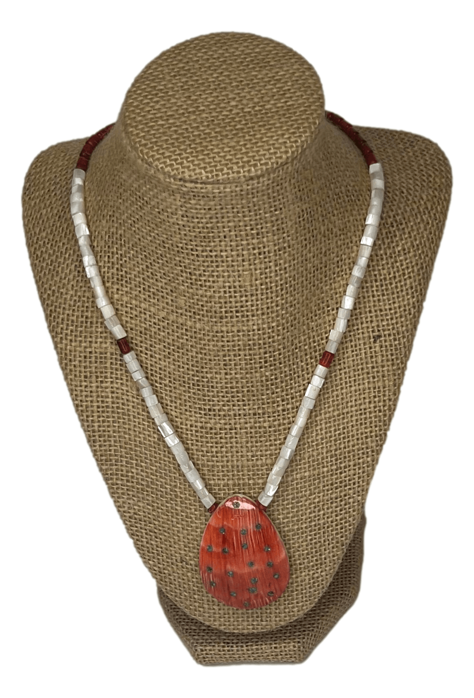 Necklace Spiny Oyster Shell Turquoise Inlay Mother of Pearl Beads Handcrafted By JoAnne Garcia From the Santo Domingo Pueblo in New Mexico - Ysleta Mission Gift Shop- VOTED El Paso's Best Gift Shop