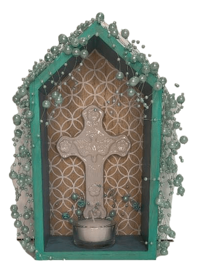 Nicho Holy Spirit Cross Tea Light Candle Teal Jeweled Accents Handcrafted By Local El Paso Artist Norma H: 9inches W: 5 inches - Ysleta Mission Gift Shop- VOTED El Paso's Best Gift Shop