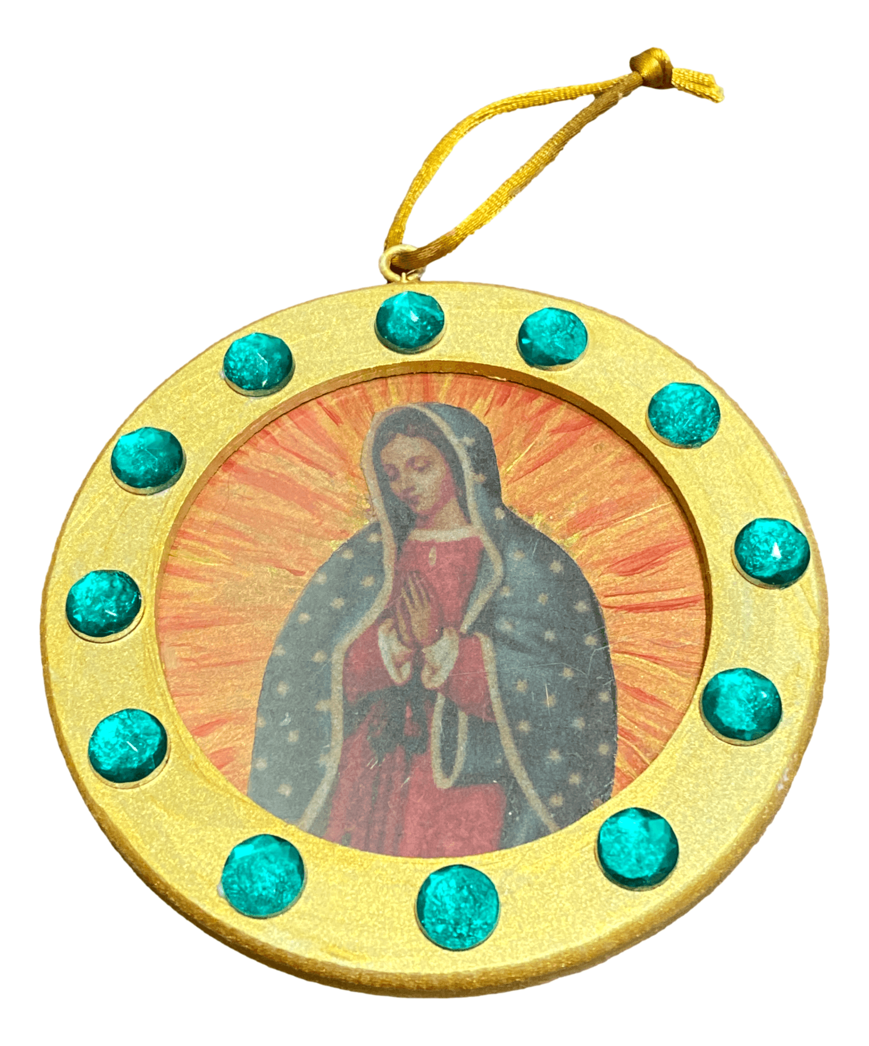 Ornament Frame Round Rhinestone Embellishments Virgen de Guadalupe Handcrafted by Local Artist Ramon Approximate Diameter: 3.9 inches - Ysleta Mission Gift Shop- VOTED El Paso's Best Gift Shop