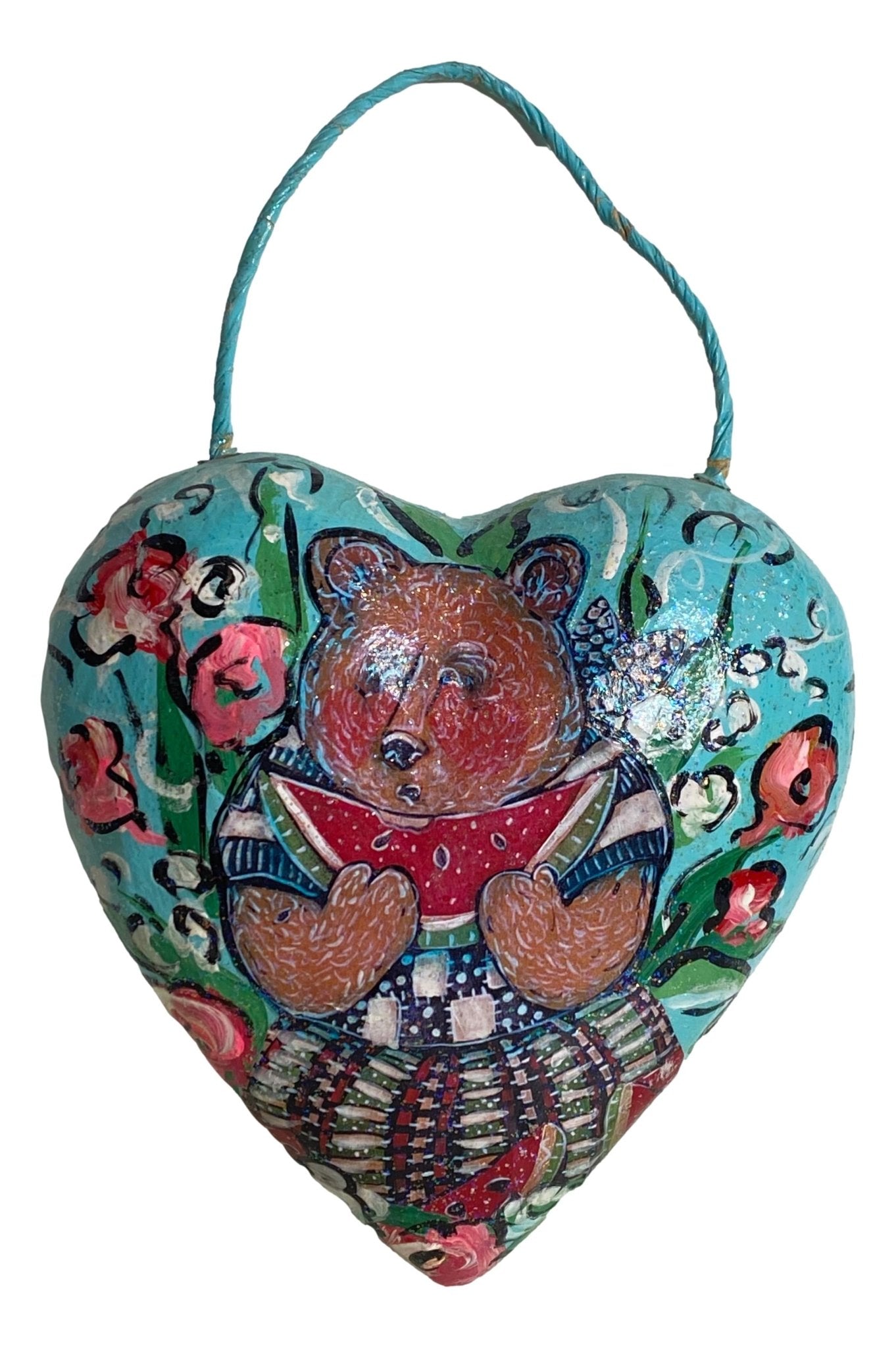 Ornament Paper Mache Heart Bear Eating Watermelon Handcrafted by Local Artist 5 1/2 L x 2 1/2 W x 9 H Inches - Ysleta Mission Gift Shop- VOTED 2022 El Paso's Best Gift Shop