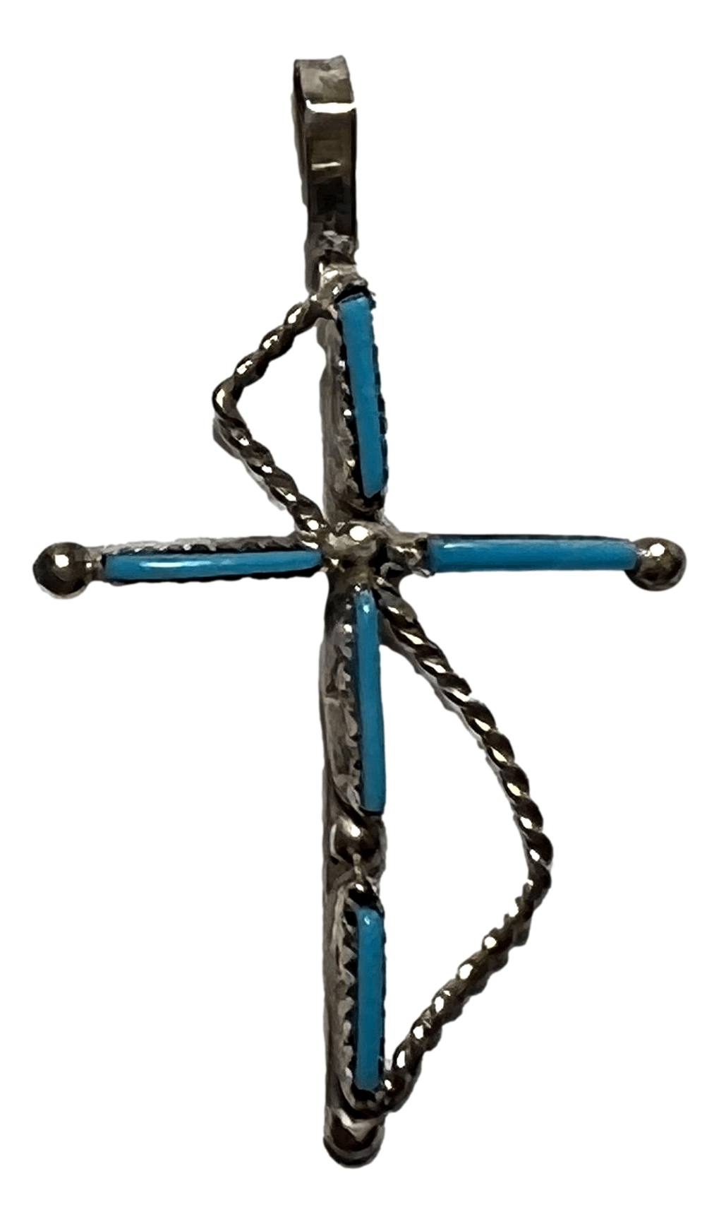 Pendant Cross Sterling Silver 1.25 H inches Needlepoint Turquoise Stone Handcrafted By Native American Artisans Stamped - Ysleta Mission Gift Shop- VOTED El Paso's Best Gift Shop
