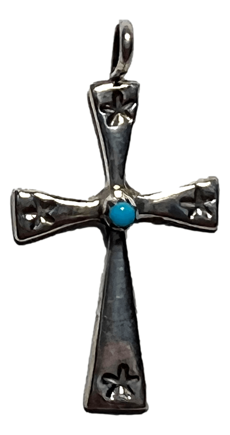 Pendant Cross Sterling Silver 1.25 H inches Turquoise Stone Star Design Handcrafted By Native American Artisans Stamped - Ysleta Mission Gift Shop- VOTED El Paso's Best Gift Shop
