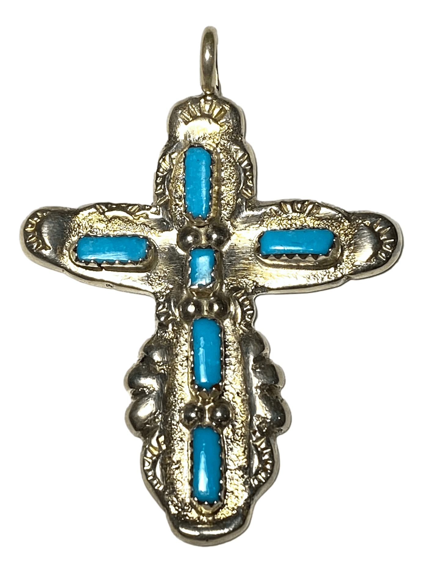 Pendant Cross Sterling Silver 6 Count Turquoise Rectangular Engraved Design Handcrafted by New Mexico Artisan 2 L x 1 1/2 W inches - Ysleta Mission Gift Shop- VOTED El Paso's Best Gift Shop